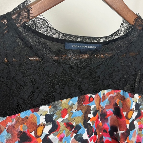 French Connection multi color chiffon black lace top - Picture 5 of 7